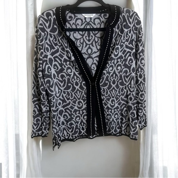 Misook Black Gray Abstract Baroque Swirl Knit Cardigan Sweater Size Large Petite - Picture 1 of 2